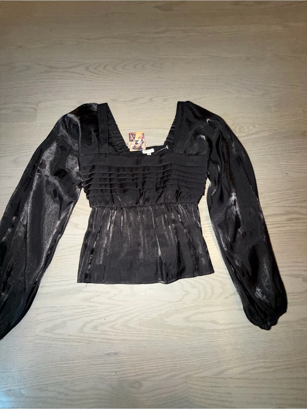 Selfie Black Pleated Square-Neck Long Sleeve Peplum Top